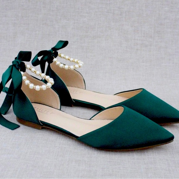 Hunter Green Satin Pointy Toe Flats w/ Pearl Ankle Strap - Picture 1 of 2